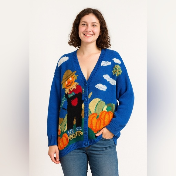 Alexandra Bartlett Sweaters - Vintage Alexandra Bartlett Knitted Fall Scarecrow Pumpkin Cardigan Sweater 90s 🎃